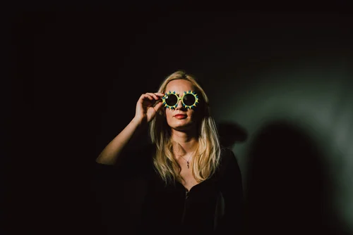 Woman sunglasses blonde dark studio fashion – Fashion & Portrait Photography