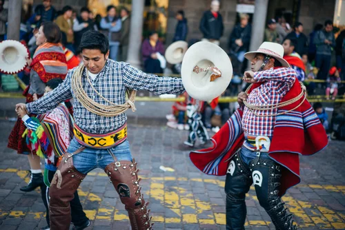 Peru festival dancers traditional costume drum cusco – Peru