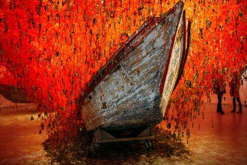 Venice biennale art installation boat red threads – Italy Venice