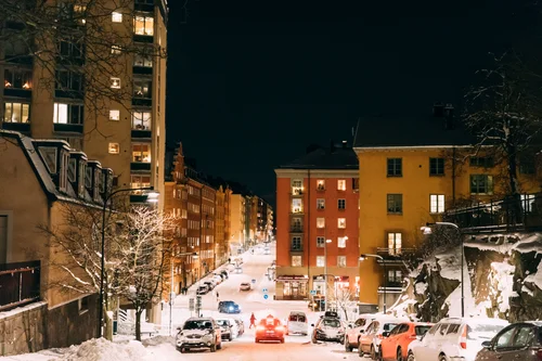 Stockholm night snow street buildings winter city – Stockholm