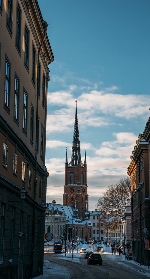 Stockholm street church spire winter old town – Stockholm