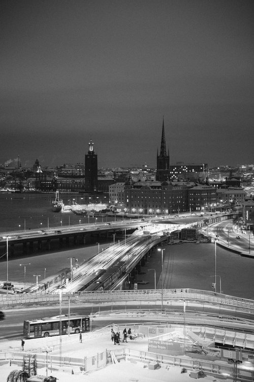 Stockholm night skyline black and white monochrome – Stockholm