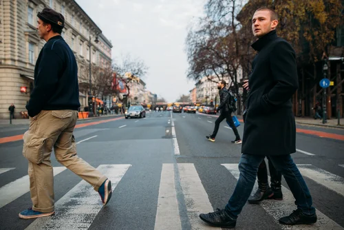Budapest street men crossing road city – Budapest
