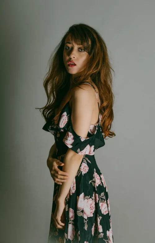 Woman floral dress studio long hair – Fashion & Portrait Photography
